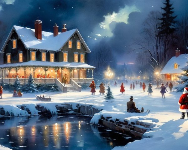 Snowy Winter Night Scene with Cozy House and Lights