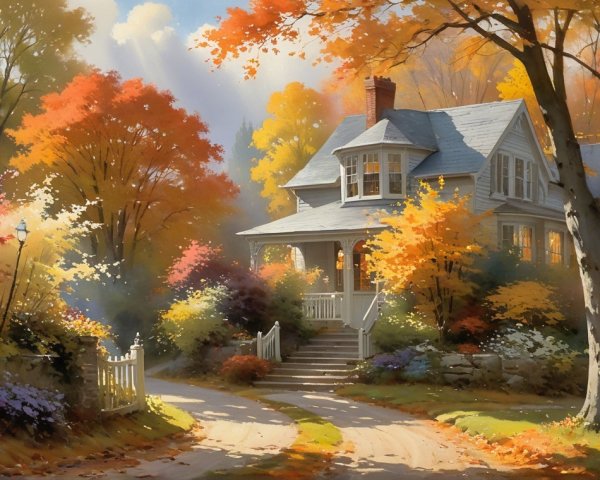 Charming Sunlit House in Autumn Landscape with Colors