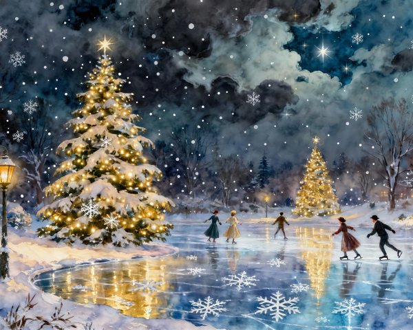 Snowy Christmas Town with Ice Skating Scene