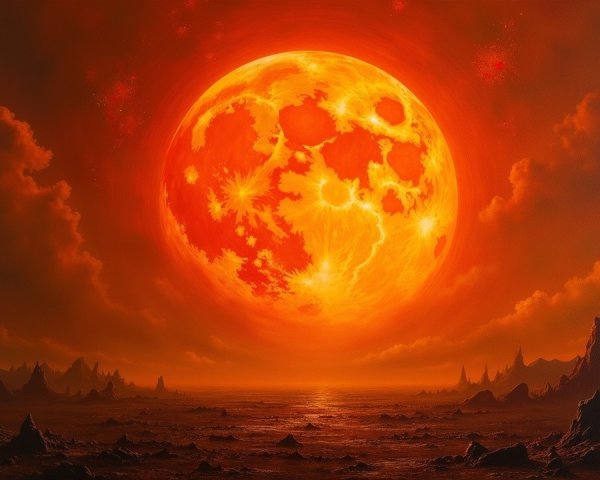 Gigantic Orange Moon Over Dramatic Landscape Scene