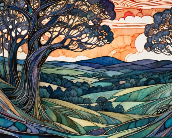 Vibrant Stylized Landscape with Majestic Trees