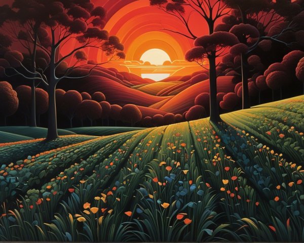 Vibrant Landscape of Rolling Hills at Sunset