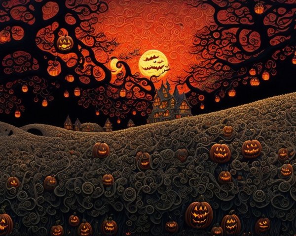 Whimsical Halloween Landscape with Glowing Moon and Trees