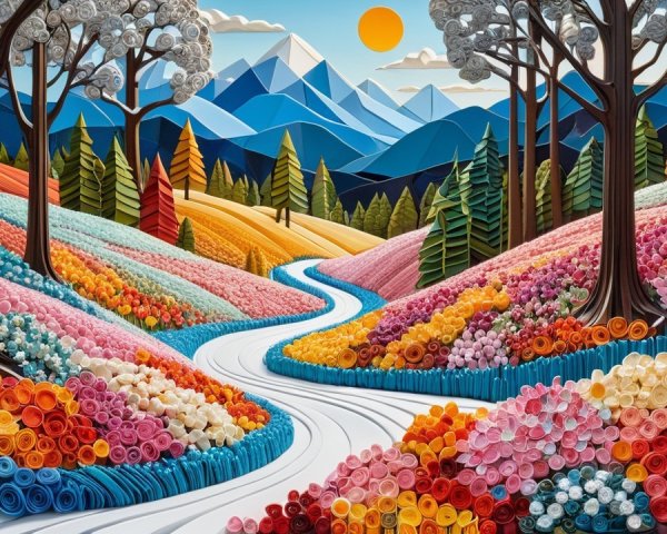Vibrant Landscape with Colorful Flowers and Mountains