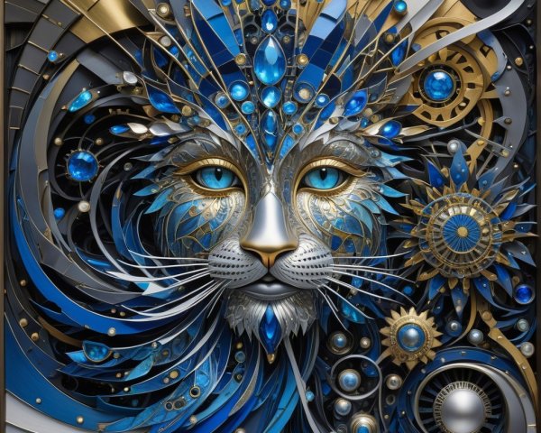 Intricate Lion Face Design with Metallic and Gem Elements