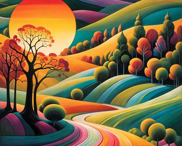 Vibrant Abstract Landscape with Colorful Hills and Sun