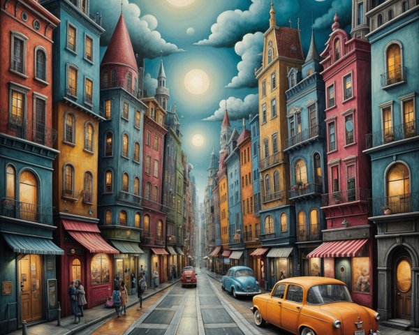 Whimsical Street Scene with Colorful Buildings and Moons