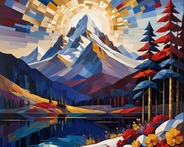 Vibrant Geometric Landscape with Majestic Mountain