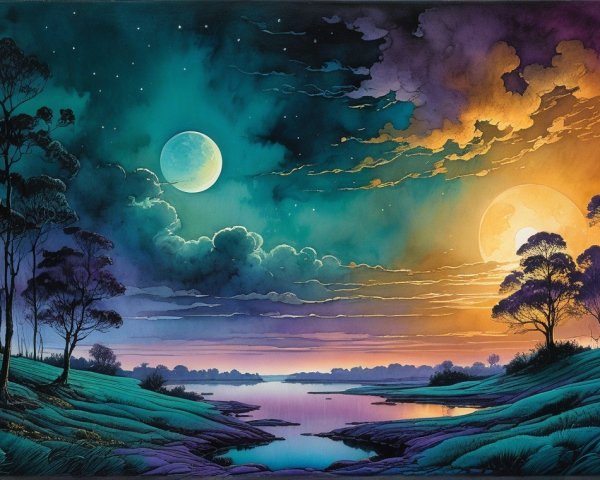 Twilight Landscape with River and Celestial Bodies