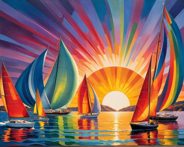 Vibrant Sunset Over Tranquil Sea with Sailboats