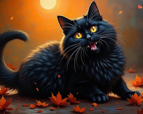 Fluffy Black Cat Among Vibrant Autumn Leaves at Sunset