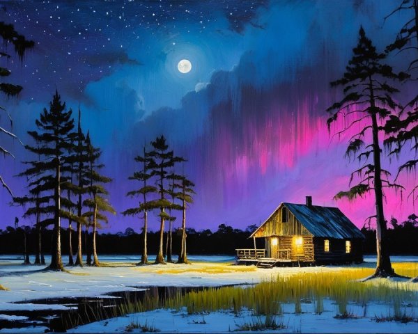Moonlit Cabin in a Winter Landscape with Pine Trees