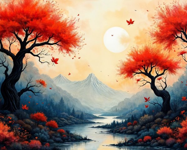 Serene landscape with red trees by a tranquil river
