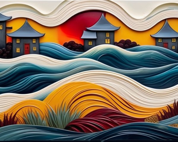 Vibrant Landscape with Waves and Traditional Houses