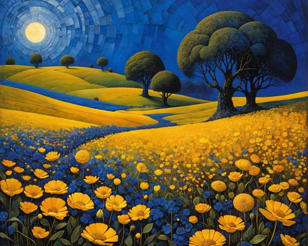 Vibrant Landscape with Rolling Hills and Moonlight