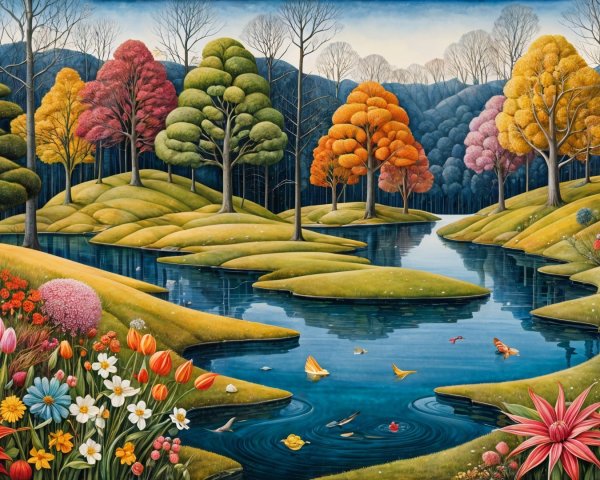 Vibrant Landscape with Colorful Trees and River