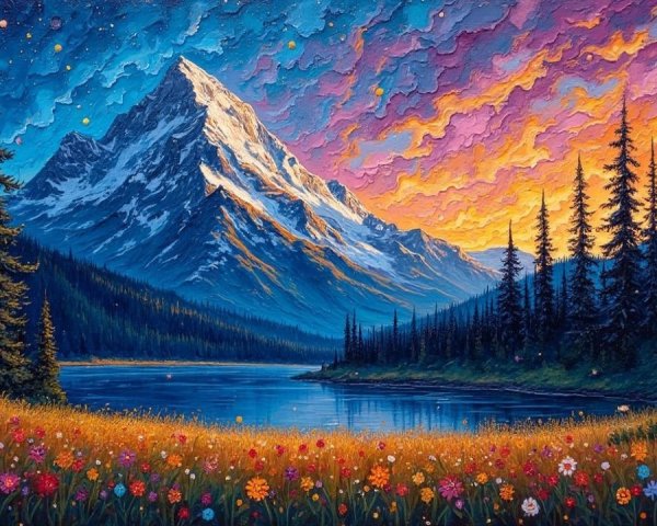 Vibrant Landscape with Mountain and Serene Lake