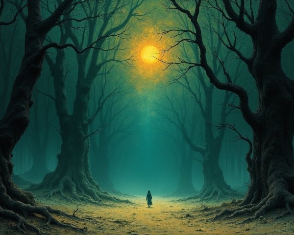 Mystical Forest with Gnarled Trees and Ethereal Light