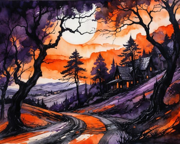 Whimsical Landscape with Cabin and Glowing Moon