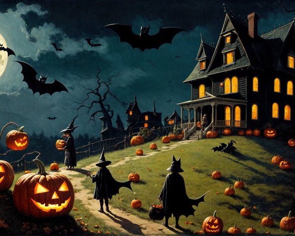 Spooky Halloween Scene with Mansion and Witches