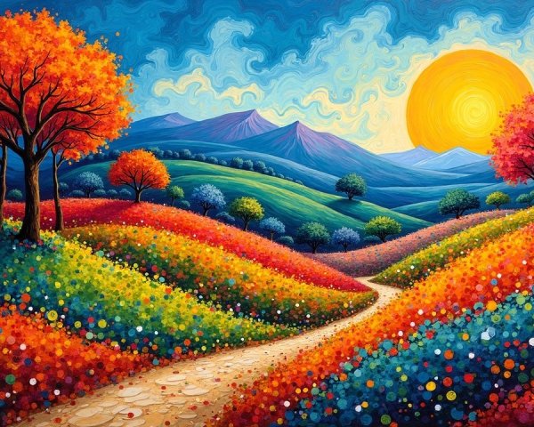Vibrant Landscape with Colorful Fields and Mountains