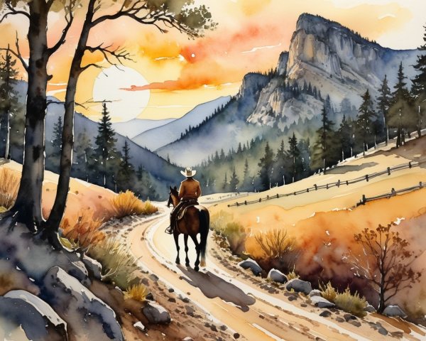 Lone Rider on Horseback in Serene Watercolor Landscape