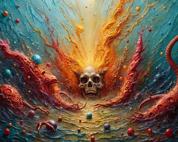 Surreal Artwork of Skull Surrounded by Flames and Creatures