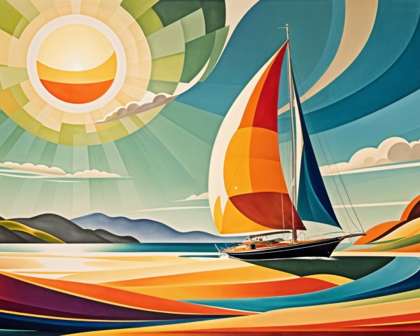 Abstract Art of Sailboats on a Colorful Sea