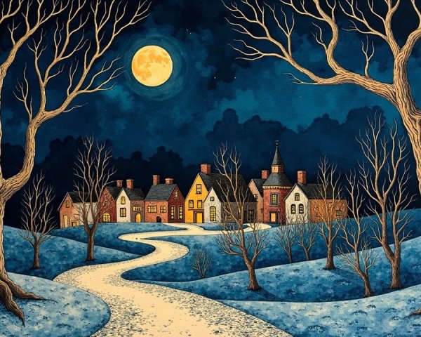 Nighttime Winter Path with Leafless Trees and Houses