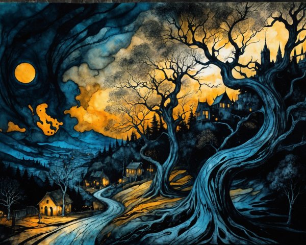 Mystical Twilight Landscape with Moon and Village