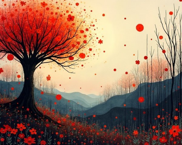 Vibrant landscape with a red tree and blossoming flowers
