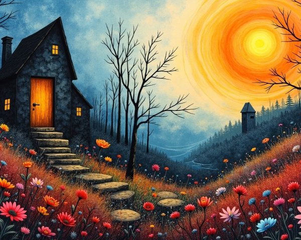 Cottage with Orange Door in Colorful Landscape