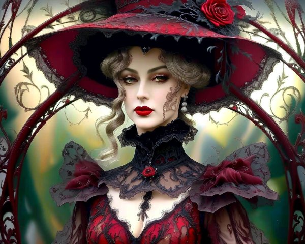 Mysterious Woman in Red and Black Outfit with Hat