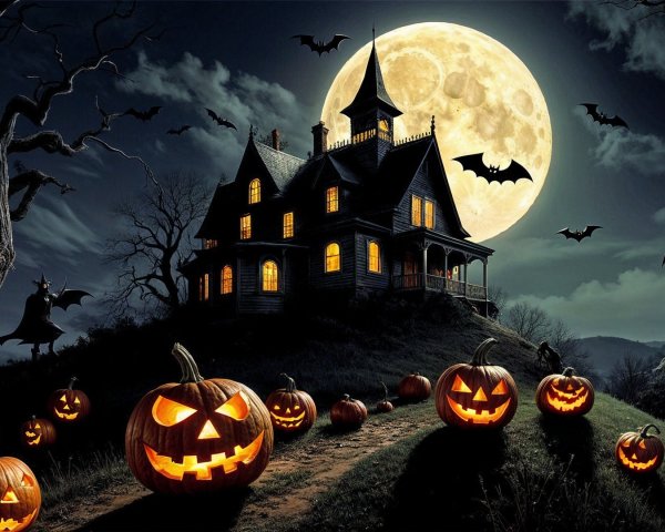 Haunted House Landscape with Full Moon and Jack-o'-Lanterns