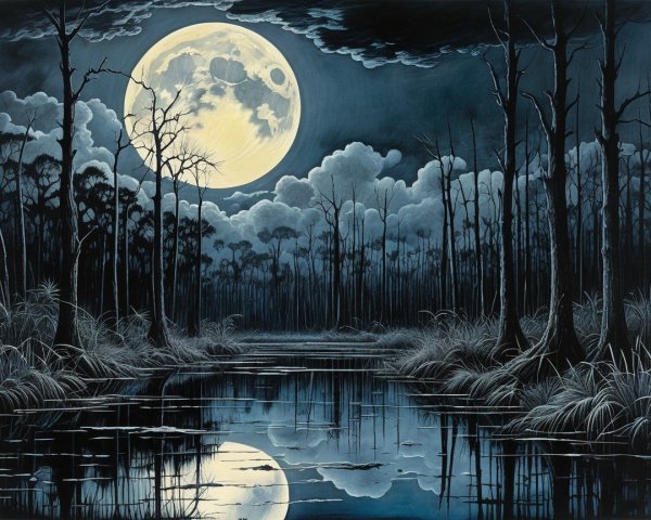 Moonlit Night Over a Reflective Pond and Trees