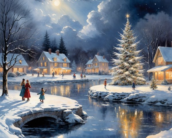 Serene Winter Scene with Snowy Landscape and Moon