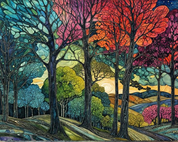 Vibrant Stained-Glass Forest Landscape with Twilight Sky