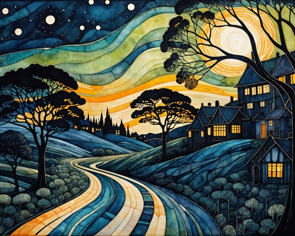 Vibrant Stylized Landscape with Starry Night Sky