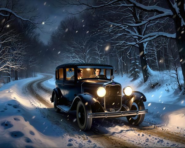 Well-Dressed Men Driving on Snowy Night Road
