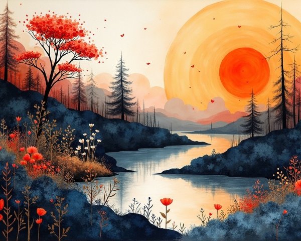 Tranquil River Landscape at Sunset with Vibrant Flora
