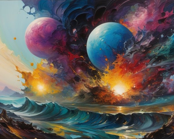 Vibrant Cosmic Scene with Colorful Planets and Waves
