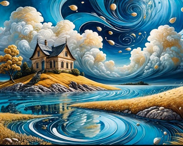 Whimsical Island Landscape with Charming House and Clouds
