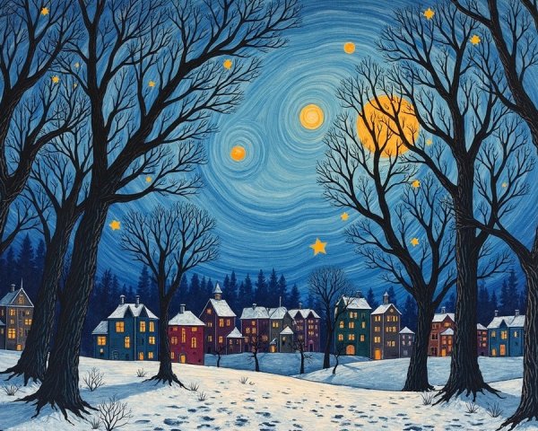 Whimsical Winter Landscape with Starry Night Sky