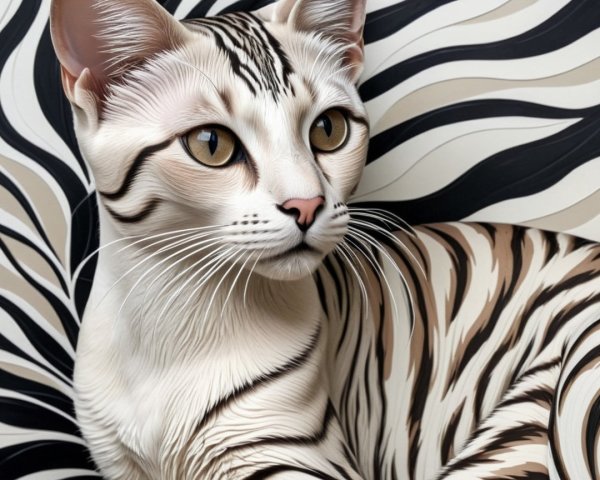 Stylized Cat with Stripes Against Dynamic Background