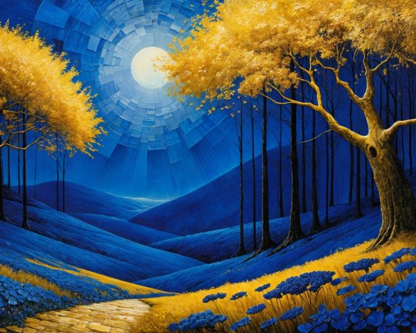 Serene Landscape with Yellow Trees and Blue Moon