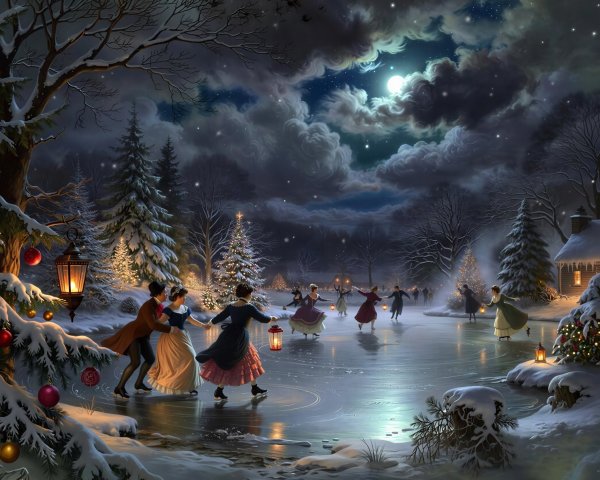 Winter Fantasy Landscape with Ice Skating Scene at Night