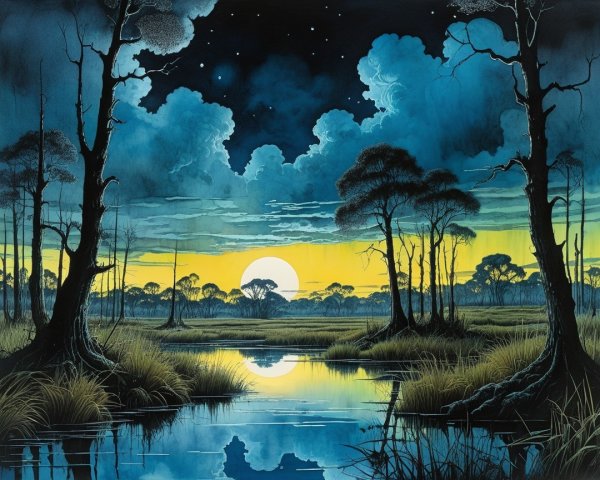 Twilight Landscape with Waterway and Silhouetted Trees