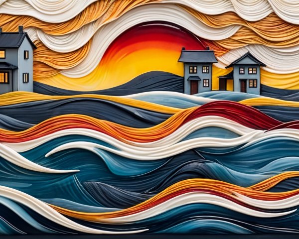 Vibrant Textured Landscape with Sunset and Houses