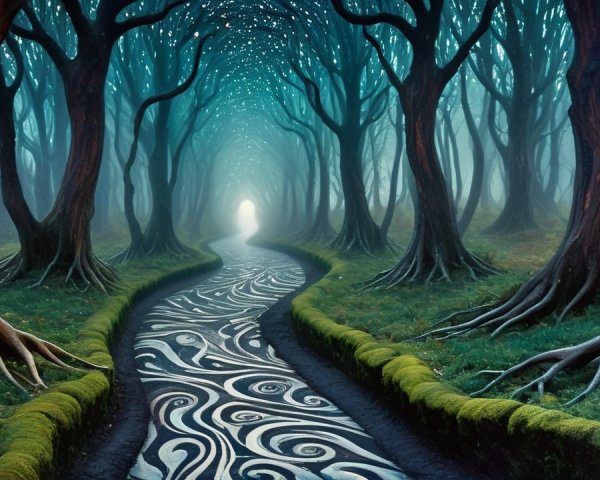 Mystical Forest Path with Twisted Trees and River
