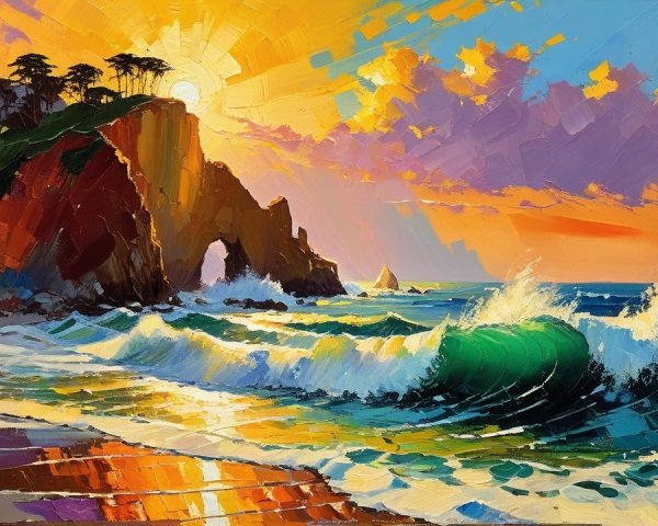 Coastal Sunset Over Cliffs with Waves and Sailboat